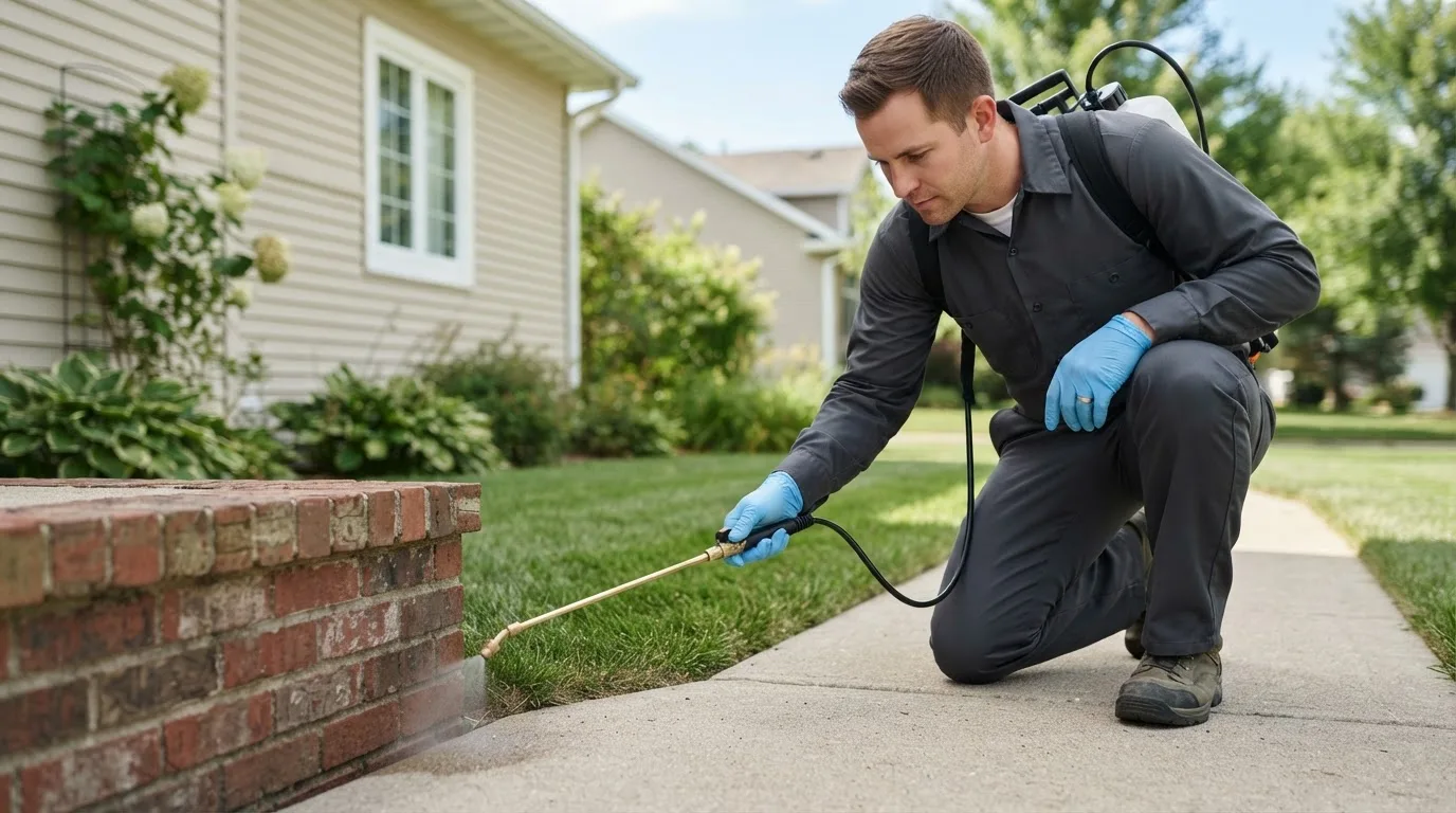 Pest control technician treating a home near Vail, IA
